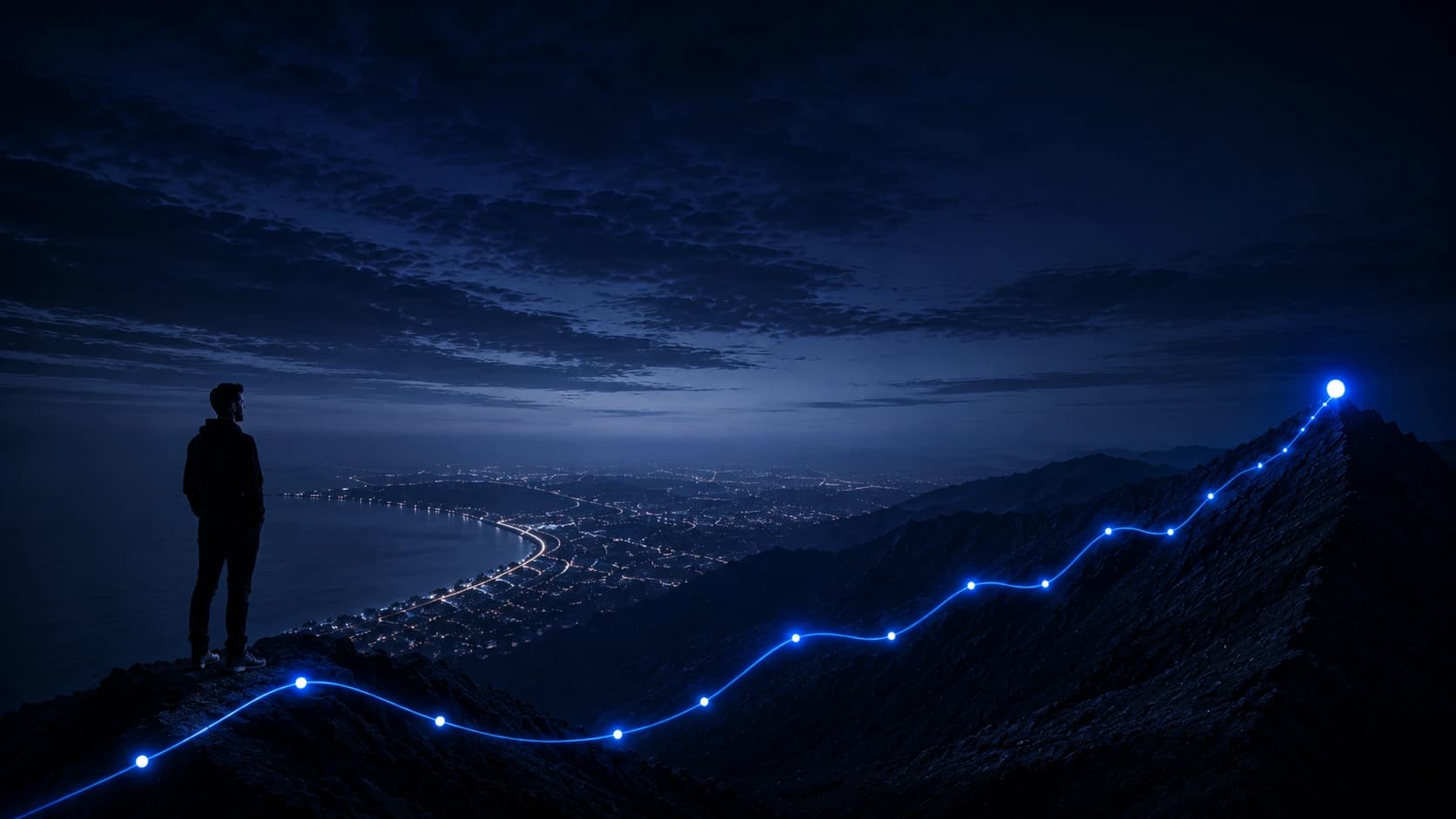 Un investisseur observe une ville illuminée et un chemin de lumière qui monte vers un sommet, au crépuscule